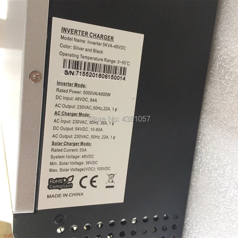 PWM солнечный инвертор 5000VA/4000W Встроенный 48V50A контроллер заряда с 60A AC зарядное