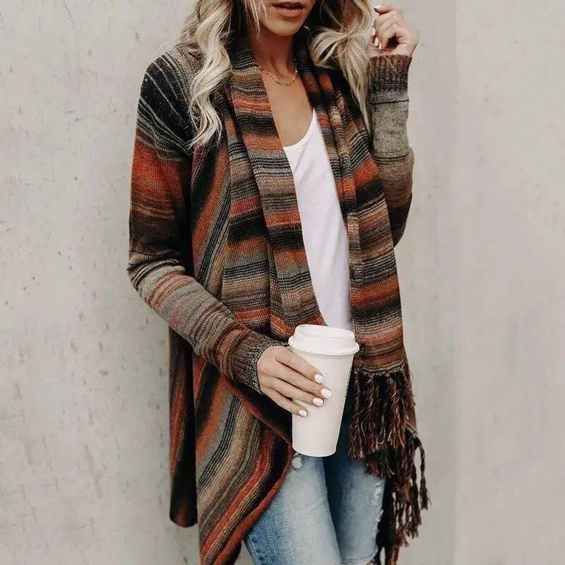 

UGUEST Women Tassel Knitted Sweater Poncho Casual Stripe Irregular Loose Cardigan Cape Coat Tops Autumn Winter