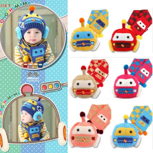 2018 New Toddler Kids Girl&ampBoy Baby Infant Winter Warm Cartoon Pattern Crochet Knit Hat Beanie Cap Scarf Set 6-36M | Детская одежда