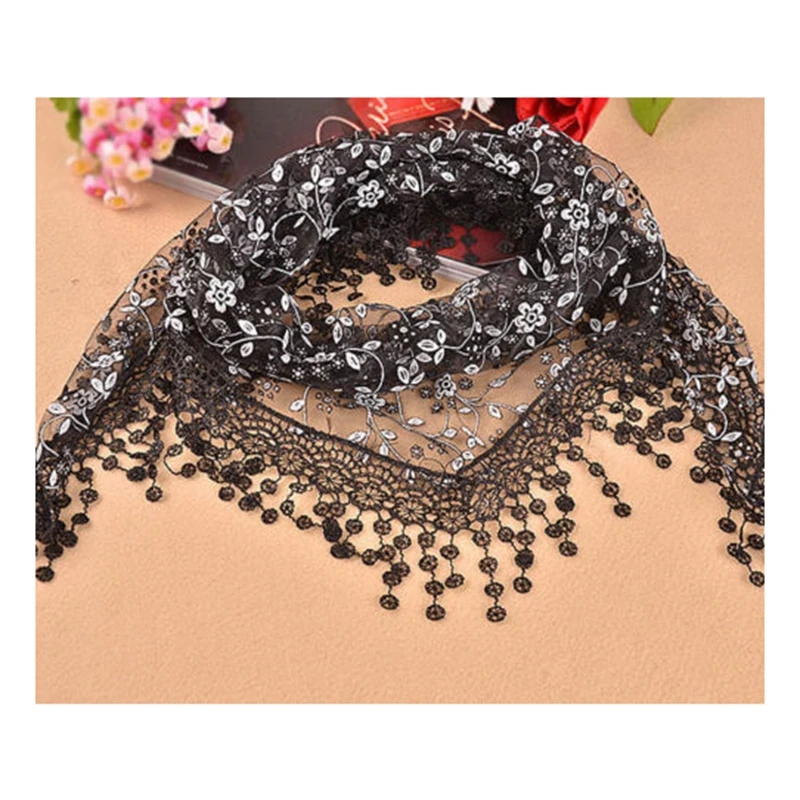 

Women Fashion Triangle Wrap Lady Shawl Lace Sheer Floral Print Scarf Scarves