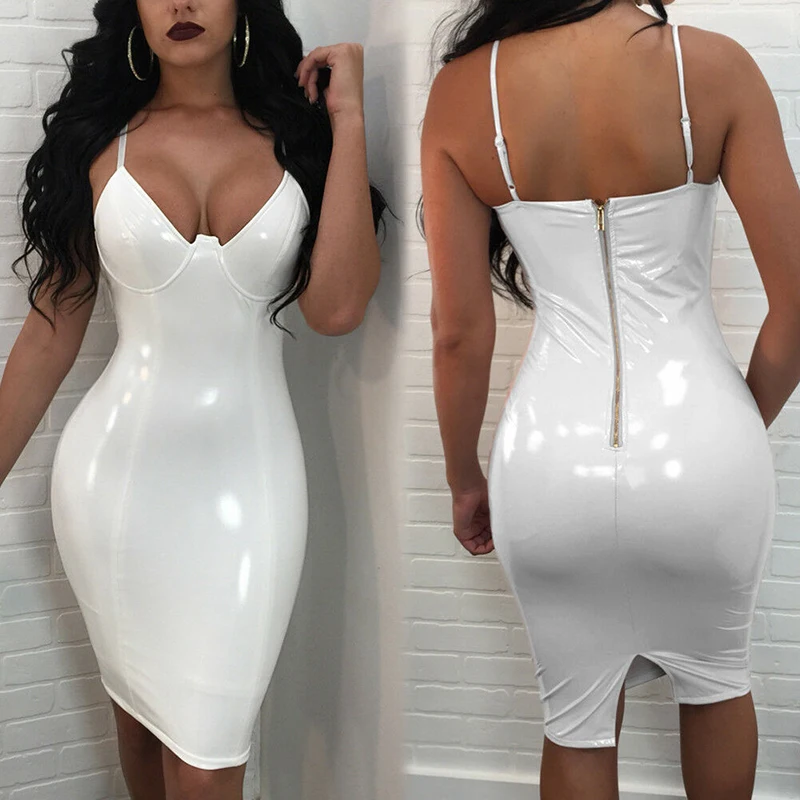 Женское сексуальное платье из искусственной кожи с v образным вырезом облегающее