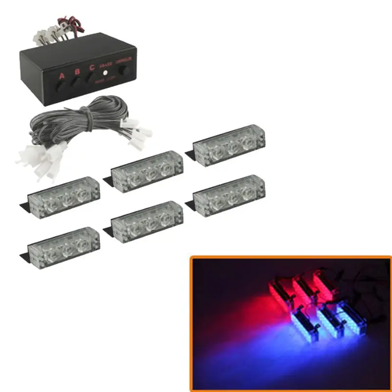 

6pcs/set 3 LED Car Boat Grill Bar Emergency Warning Police Light Blue+Red