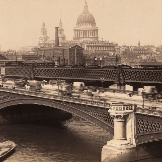 London Англии. Мост Blackfriar с собором Святого Павла сзади. Из открытки около 1890. Принт