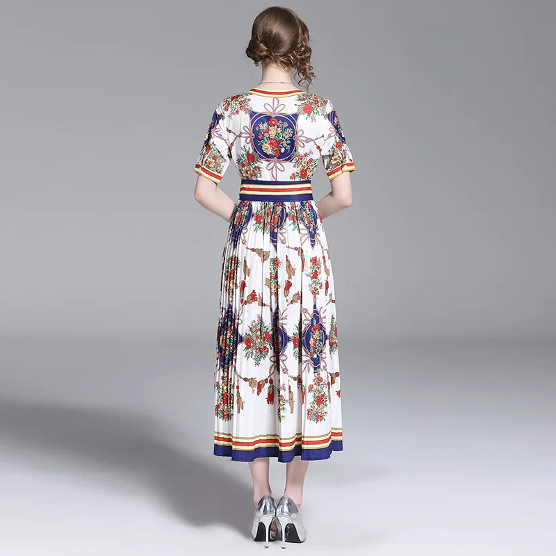 

Runway Designers Women ladies Dress V neck bow tie up Waisted Fashion Casual Printed Vintage Dresses Vestidos robes v neck