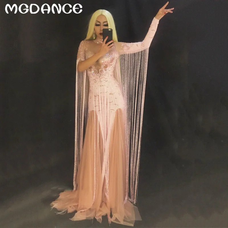 

New Wome White Tassel Pink Long Sparkling Crystals dress Sexy Costume Nightclub Party Singer Dancer Performance Stage Wear