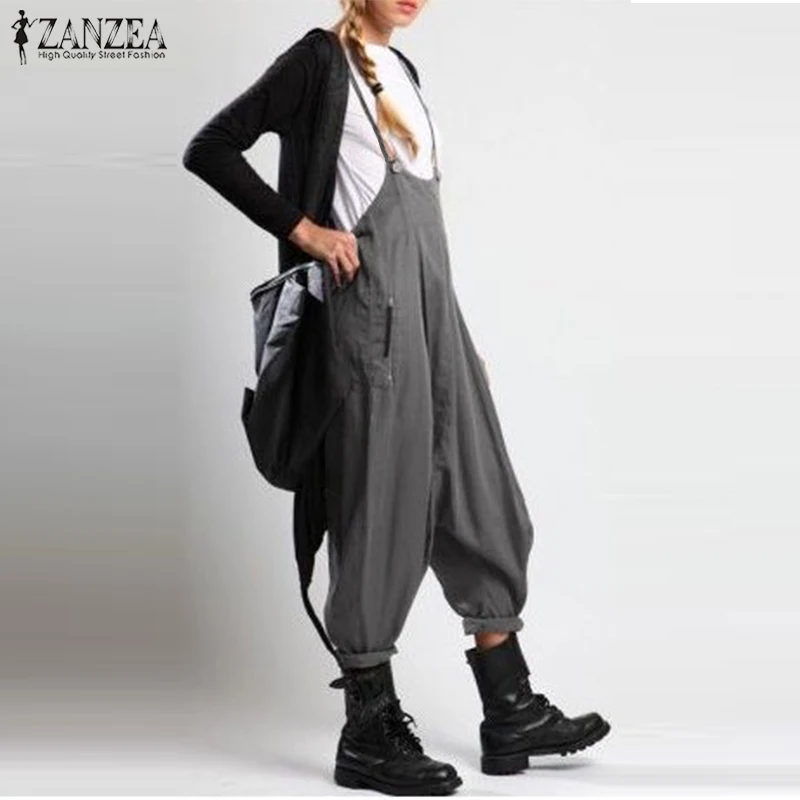 Fashion ZANZEA Women Summer Strappy Solid Drop Crotch Jumpsuits Casual Loose Playsuits Rompers Ladies Party Suspenders Overalls |