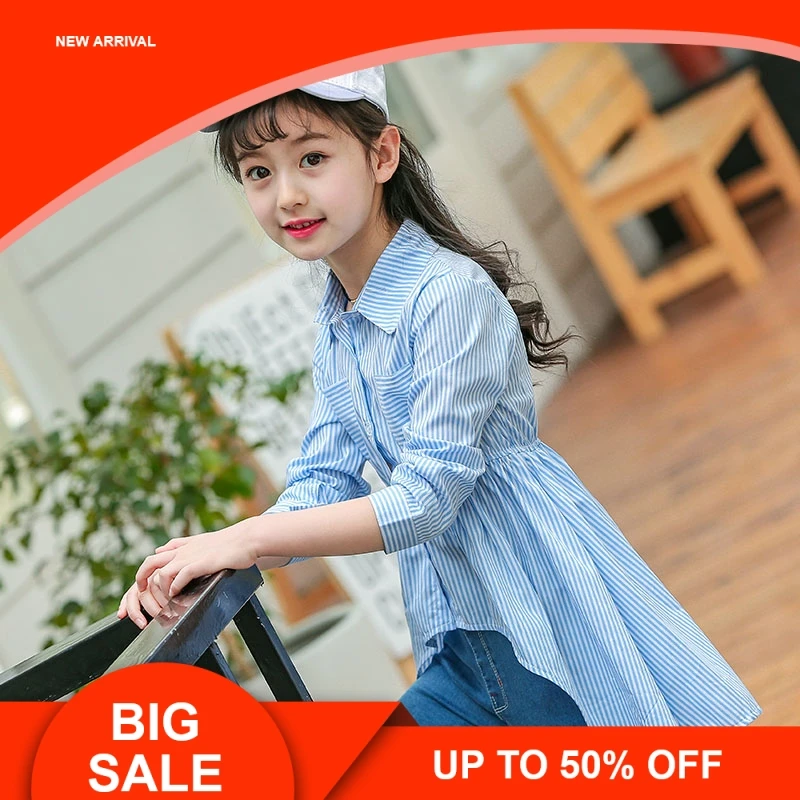 

New Teenagers Kids Girls Shirts Fall 2018 Children Cotton Striped Shirt Dress Blue Blouses Girls Clothes