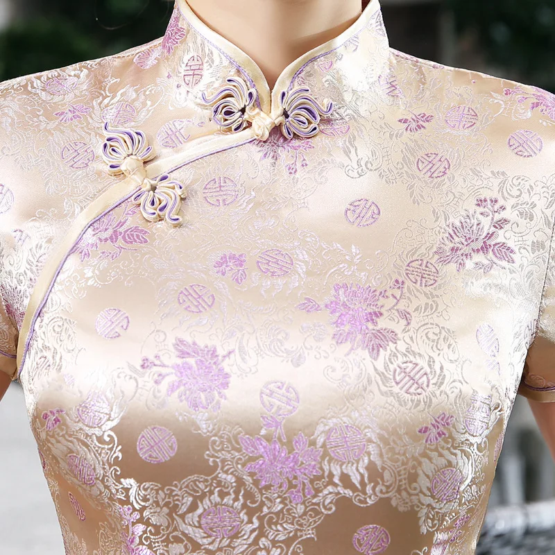 XXXL шампанского Cheongsam Китайский атласный длинный Qi Pao летний Vestido Chines костюм
