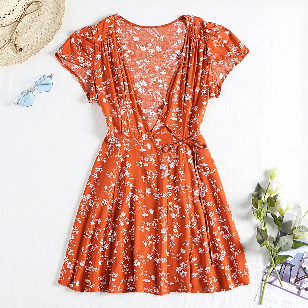 ZAFUL Летнее Платье Женщинские V образным Вырезом с Цветочным Принтом Wrap Dress A силует