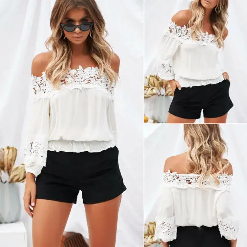2019 White Ruffle Patchwork Slash Neck Fashion Women's Summer Off Shoulder Long Sleeve Casual Lace Blouse Loose Tops Shirt |