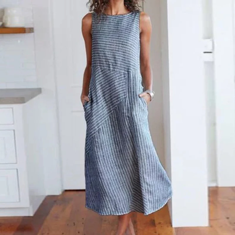Повседневное простое женское Полосатое платье с круглым вырезом без рукавов