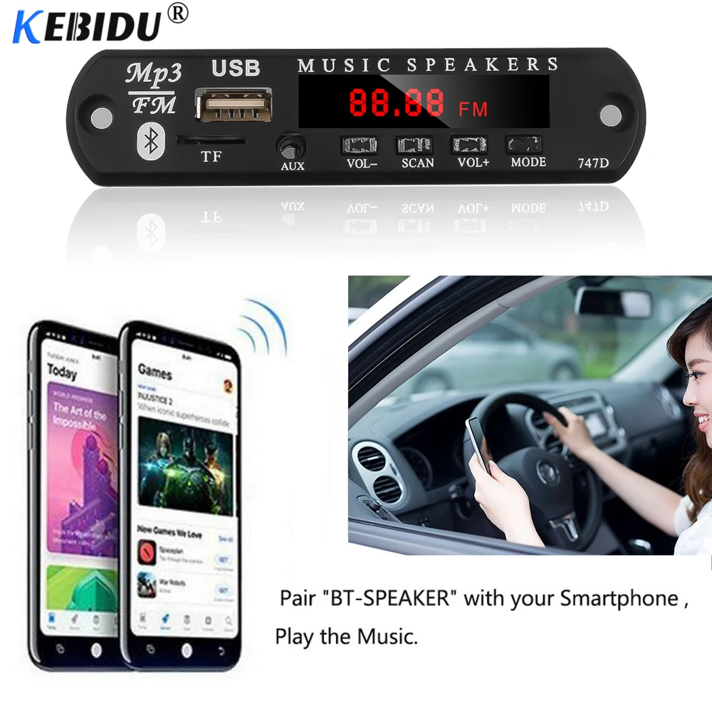 KEBIDU Автомобильный Bluetooth Mp3 плеер Handsfree FM радио декодер плата беспроводной TF USB