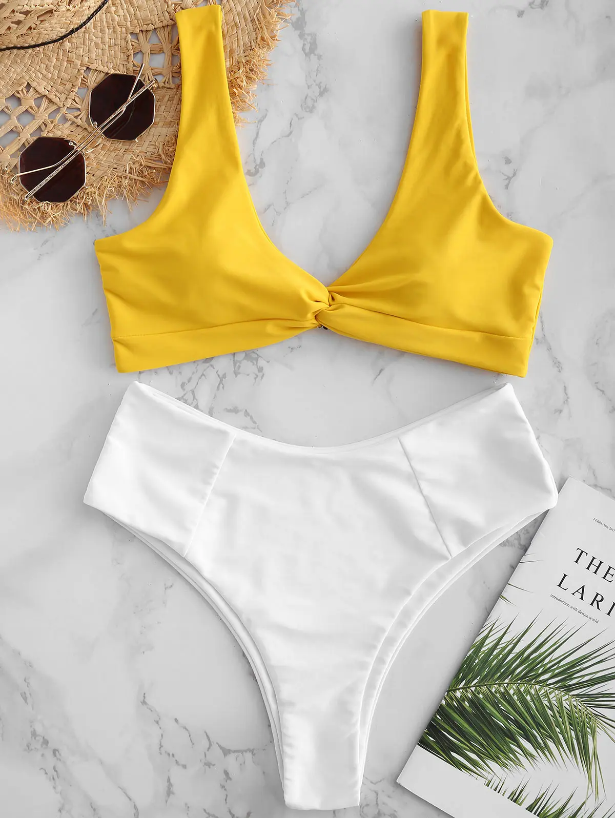 ZAFUL спортивный голубой и белый два тона твист Топ бандо с оборкой комплект бикини