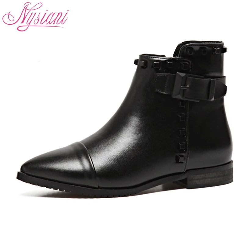 2019 Pointed Toe Rivets Winter Warm Short Boots For Women Brand Designer Buckle Fashion Motorcycle Ankle Heels Nysiani | Обувь