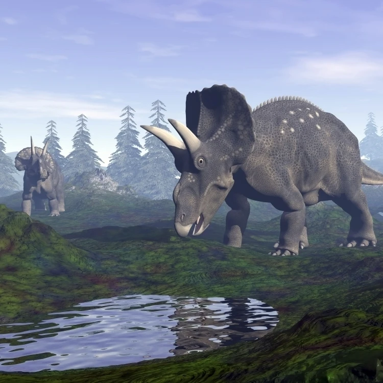 Два Nedoceratops динозавры прогулки к воде лужа утром плакат с иллюминацией печати (16x12)