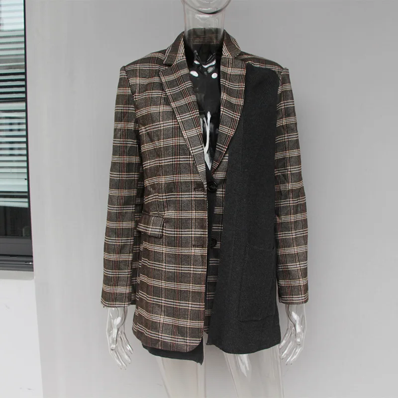 Single Breasted Plaid Jacket Ladies Blazer Female Long Sleeve Knitted Patchwork Coat OL Women Clothes 2019 Spring Outwear Okq110 | Женская