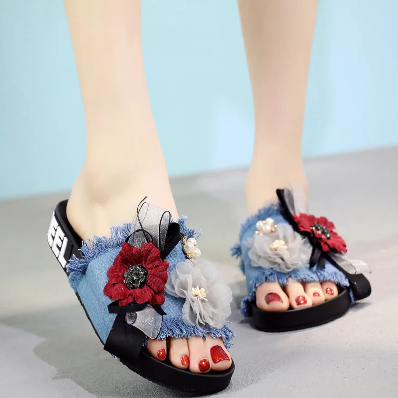 

2019 New Fashion Denim Women's Sandals and Slippers Summer Indoor and Outdoor Slippers Casual Flat Women's Shoes Slides