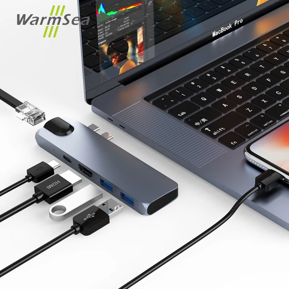 

USB C HUB TYPE C Thunderbolt 3 Adapter To HDMI 4K RJ45 Gigabit Ethernet With 1000Mbps USB 3.0 USB-C Charger Port for Macbook Pro