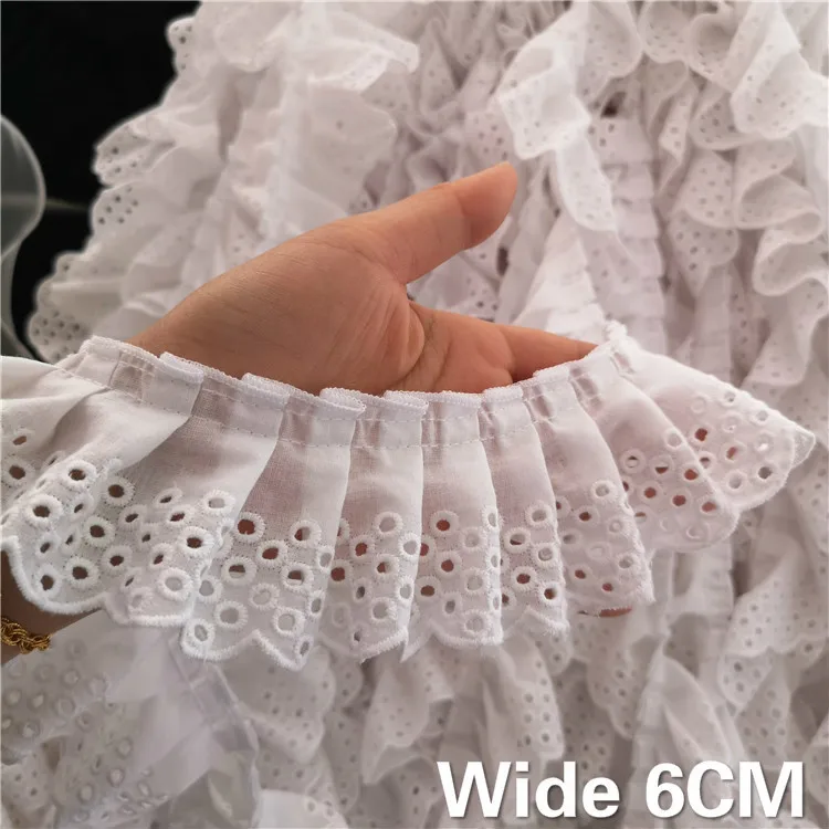 

6CM Wide White 3D Cotton Folded Lace Embroidered Neckline Collar Applique Ribbon Ruffle Trim Dresses Guipure DIY Sewing Supplies