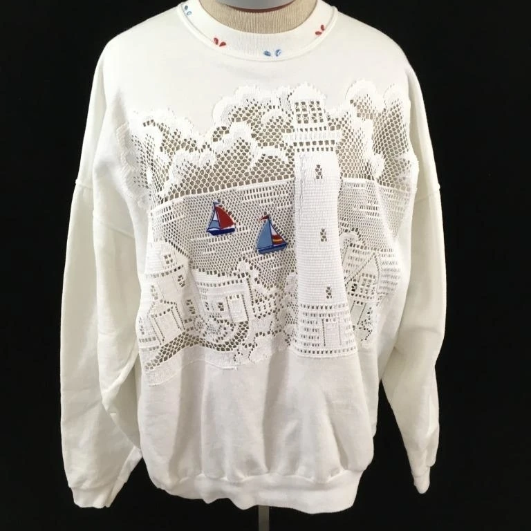 Hanes Толстовка Размер XL Белый Маяк вязаный крючком синий парусник | Женская одежда