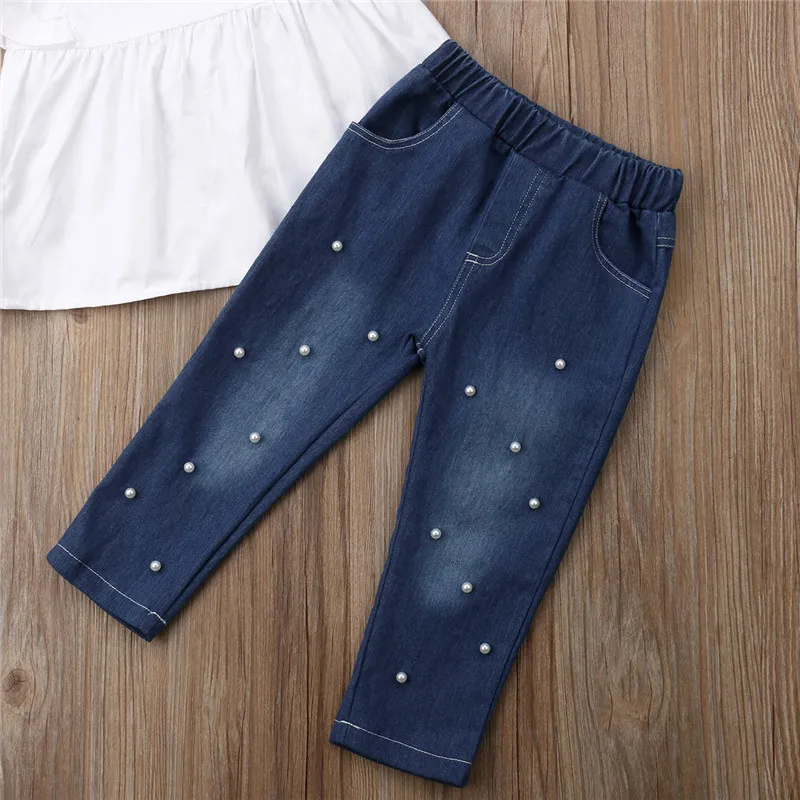 

2019 2-7T Toddler Kids Baby Girl Ruffles Sleeveless Top T-shirt Denim Pearl Pants Outfits Clothes 2Pcs Set
