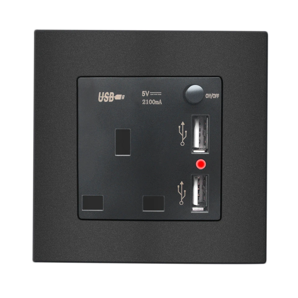 

UK 86 Wall Socket AC Electrical Power Outlet Plug Adaptor Adapter With Switch Indicator Built-in 2 USB Charger 2100mA 13A 250V