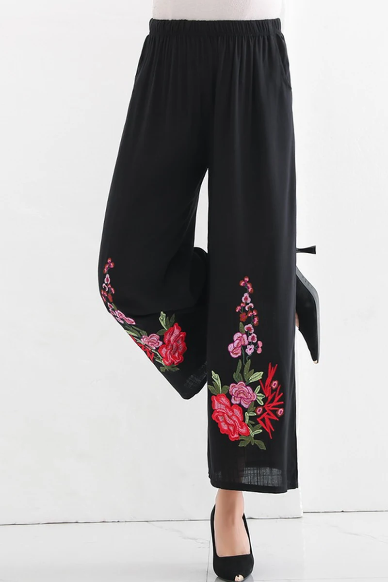 

Women Summer Thin Trousers 2019 Casual Elastic Waist Floral Embroidery Wide Leg Loose Pants Plus Size 4XL