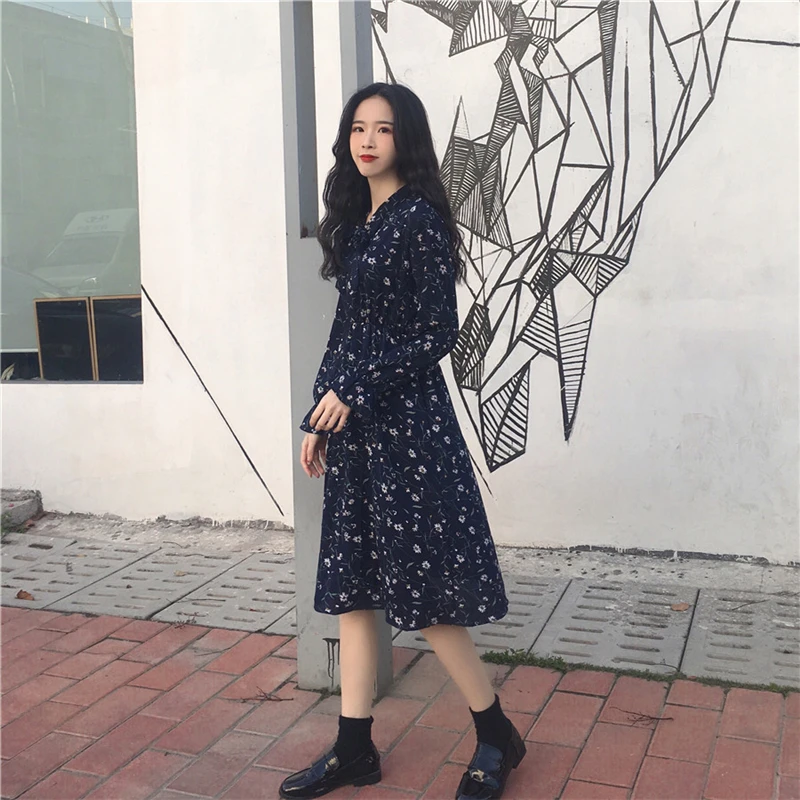 Chic Print Women Dress Casual Lace Up Kawaii Ruffles Sleeve Chiffon 2019 Spring Autumn A-Line Knee Length | Женская одежда