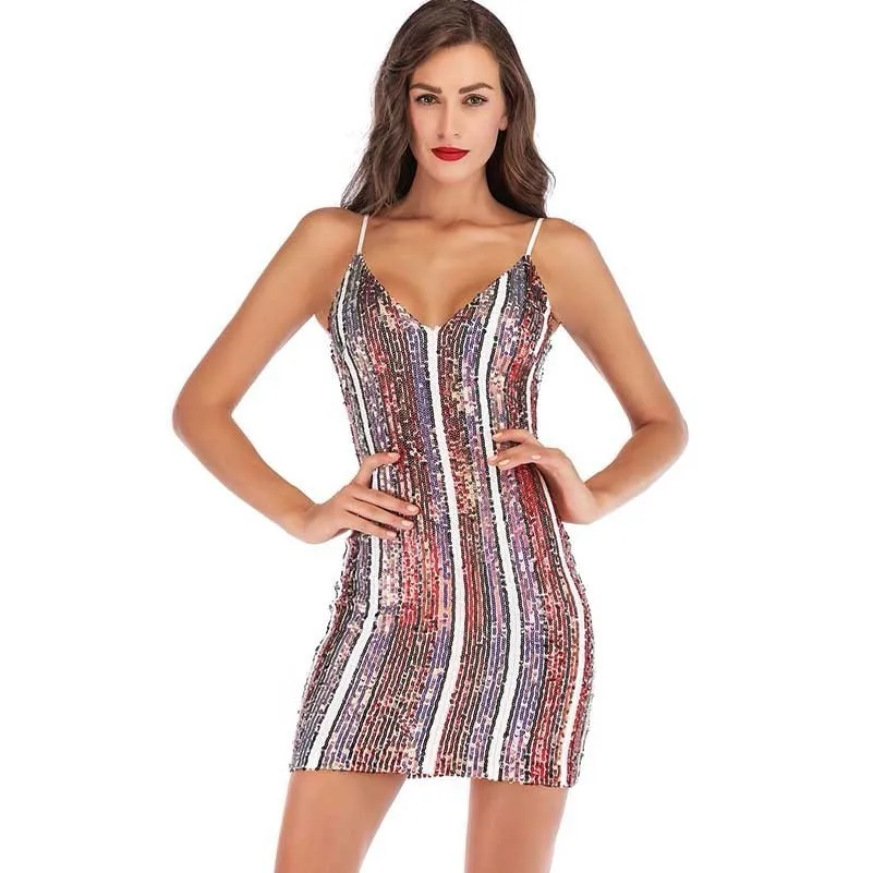 MUXU сексуальное Полосатое платье с блестками и открытой спиной на подтяжках vestidos
