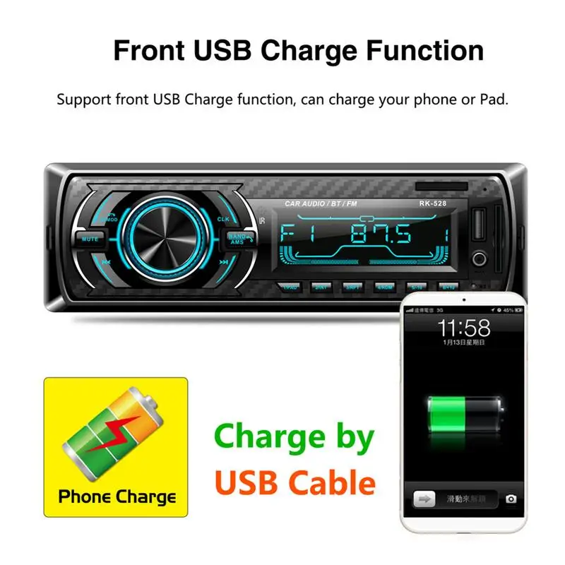 RK 528 12V Автомобильный MP3 плеер Bluetooth FM радио AUX USB 7 Цвет Подсветка|MP3-плеер для авто| |
