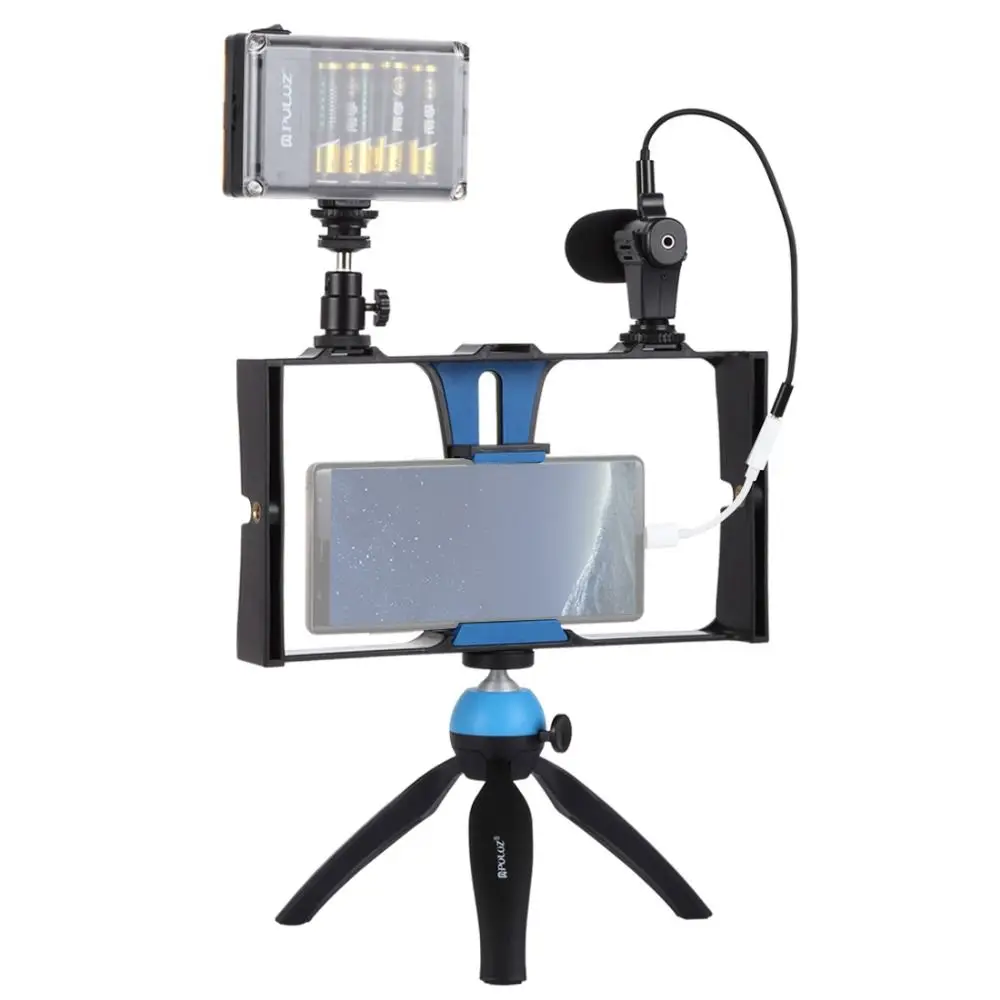 PULUZ Smartphone Video Rig + LED Studio Light Microphone Mini Tripod Mount Kits with Cold Shoe Head for iPhon |