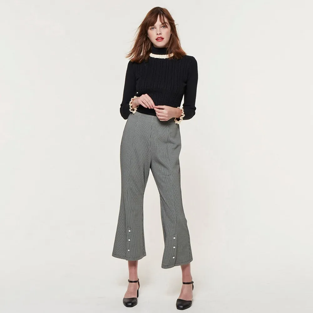 HDY Haoduoyi 2019 New Cute Girl Pure Simple Contrast Wood Ear Lapel Slim Knit Sweater | Женская одежда