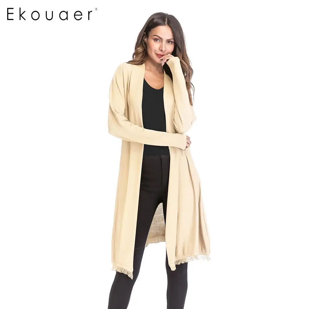Женский длинный кардиган Ekouaer модный вязаный свитер с отложным воротником и