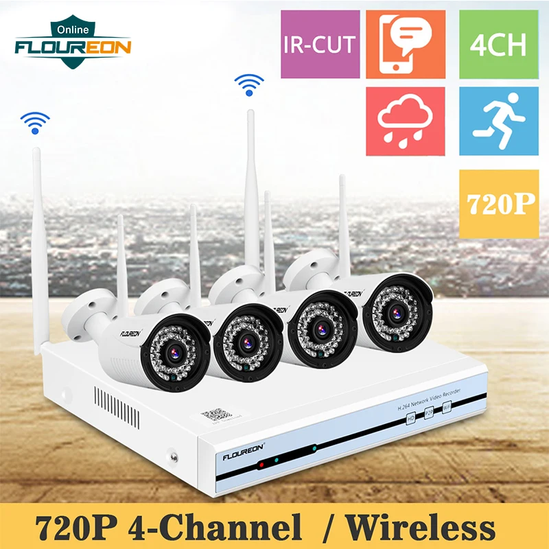Беспроводная система видеонаблюдения 720 P HD 4CH NVR IR CUT наружная/Внутренняя WLAN Wi Fi