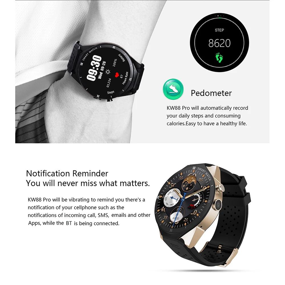 KingWear KW88 Pro gps Smartwatch 3g Android 7,0 1 ГБ 16 ГБ MTK6580 фитнес-браслет трекер носимое устройство смарт-часы для мужчин и женщин