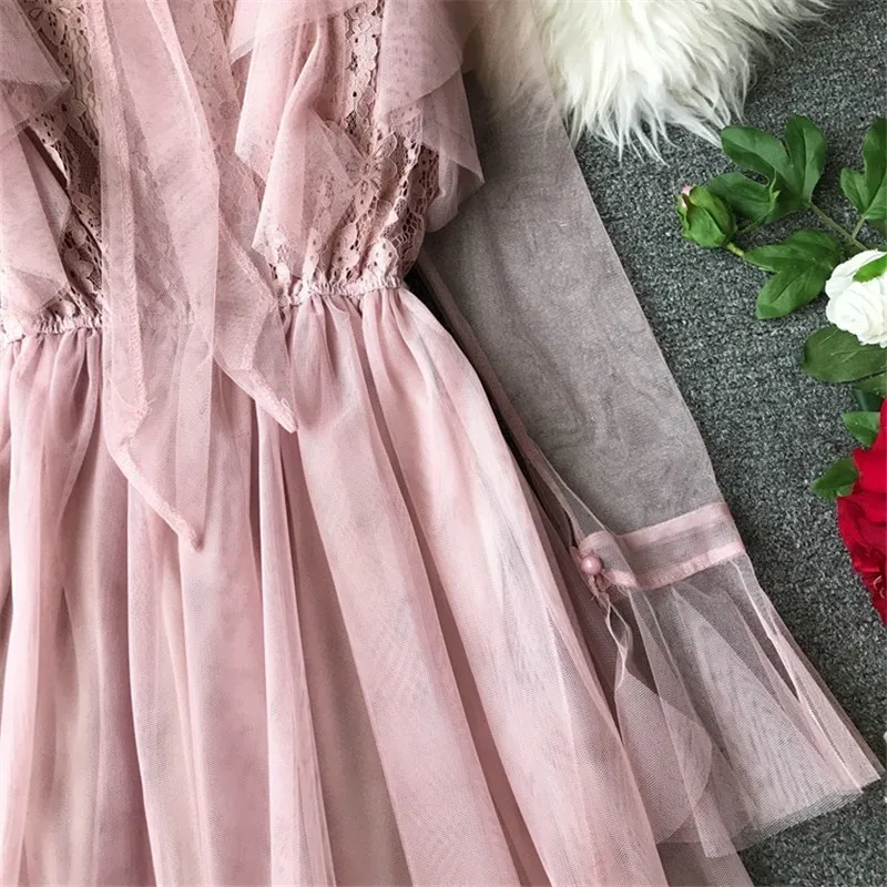 Осеннее прозрачное кружевное платье для вечеринок Vestidos Mujer с бантом на воротнике