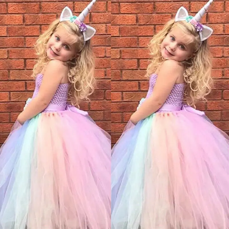 Baby Girl Dress Summer Toddler Kids Clothes Princess Unicorn Party Wedding Formal Outfit Strapless Tulle Tutu Dress+Headwear | Детская