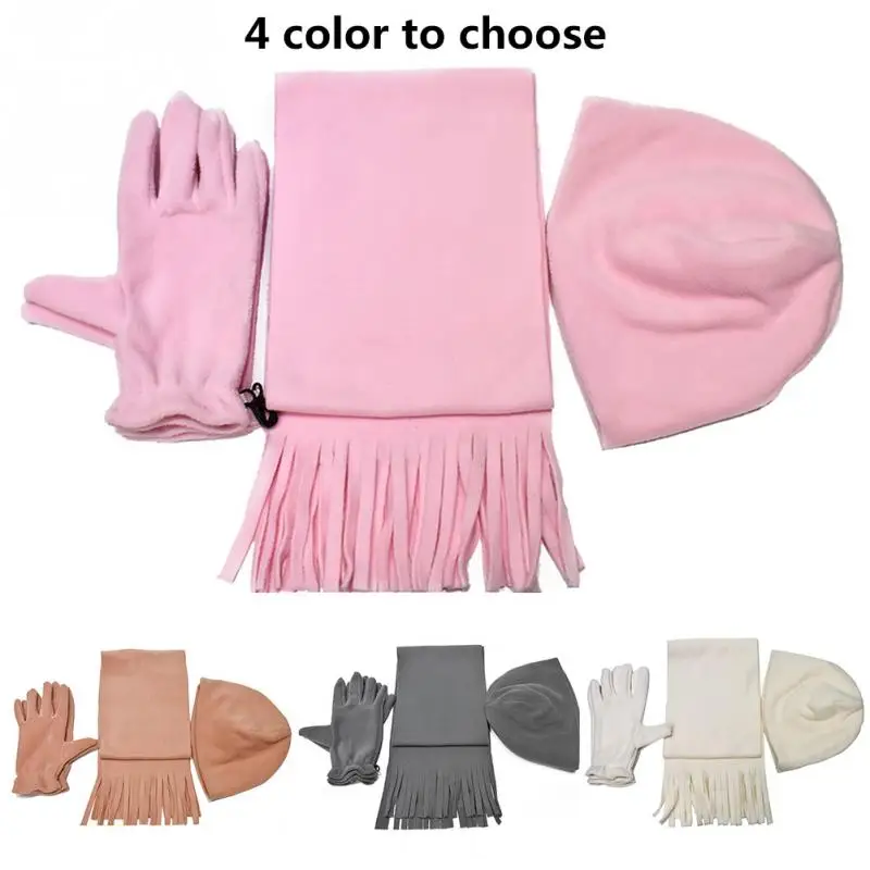 3 шт. зимняя теплая женская шапка шарф перчатки Набор Мода сплошной цвет Флисовая