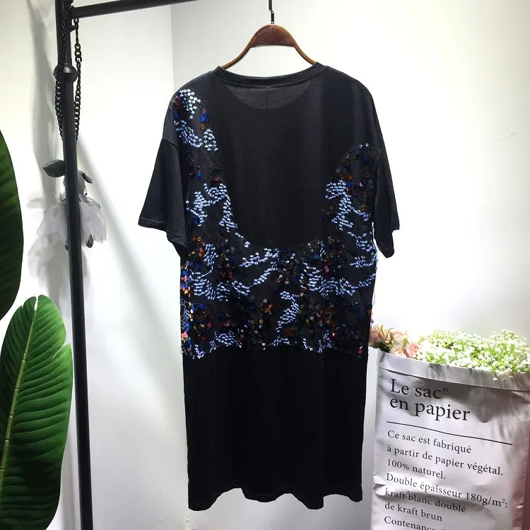 

QING MO Black T Shirt Dress With Sequins Women Plus Size Dress Summer Hot Drilling Dress Women Paillette Short Sleeve TopsQF706