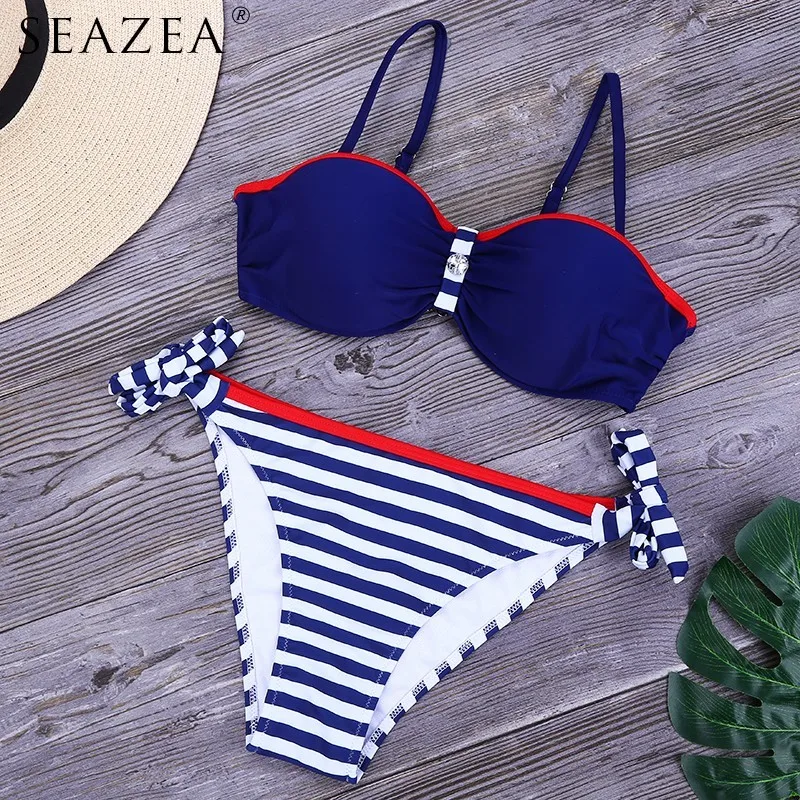 Seazea 2019 Sexy Women Bikini Set Bordered Swimsuit Push Up Bathing Suit Bandage Bikinis Striped Beachwear Print Bottom Biquini |
