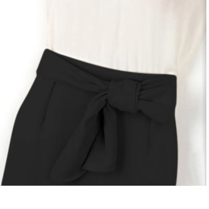 Женское офисное платье с галстуком бабочкой Белое и черное облегающее круглым