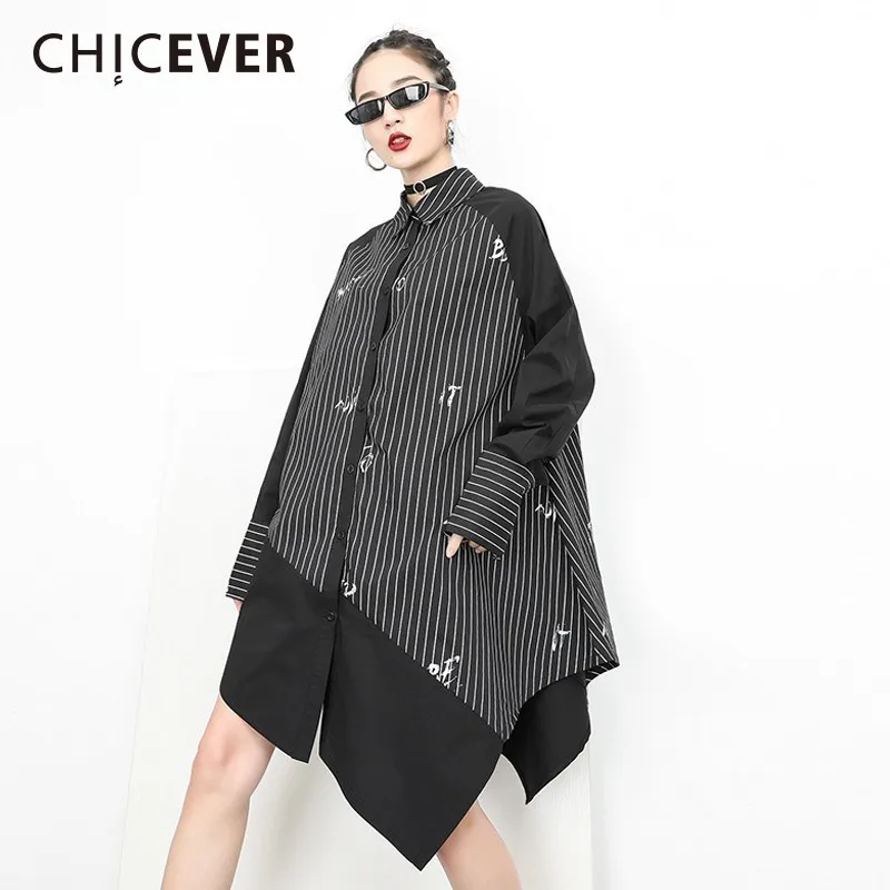 CHICEVER Лоскутные Полосатые женские топы и блузки с отворотами длинным рукавом