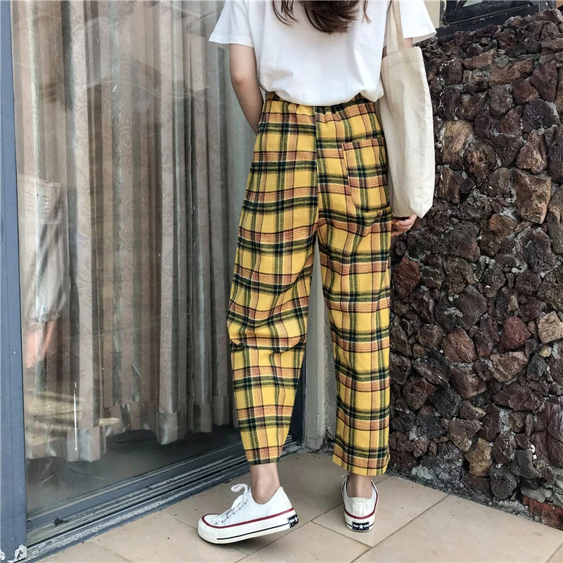 Gentillove Повседневное желтые штаны в клетку элегантный дизайн Harajuku летние Для