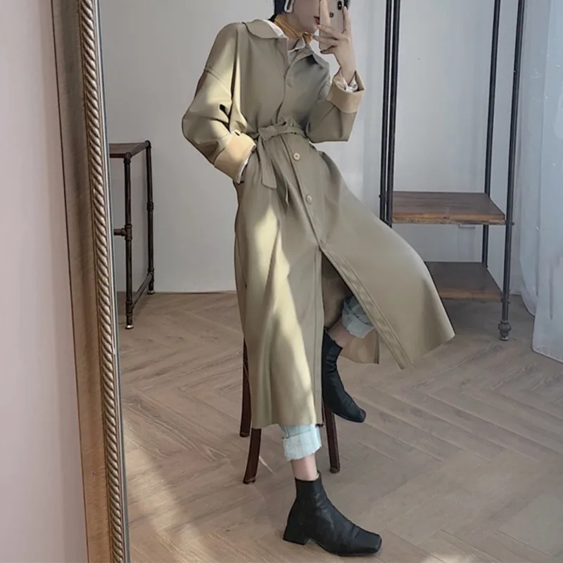TWOTWINSTYLE корейский черный Тренч женский с длинным рукавом кружево сбоку