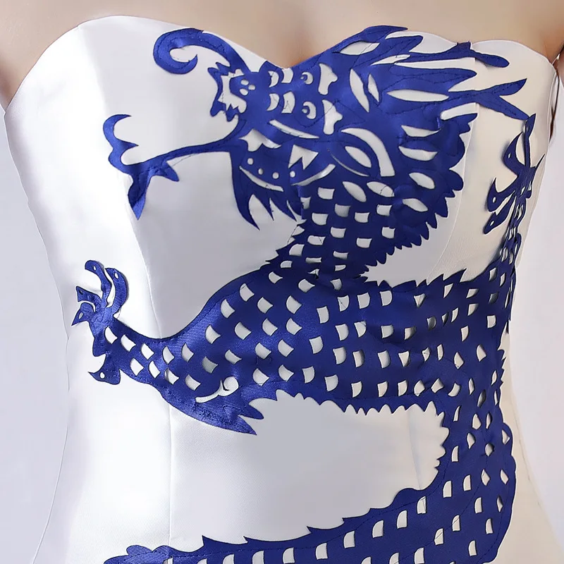 Традиционное китайское свадебное платье Ципао синего и белого цвета женское