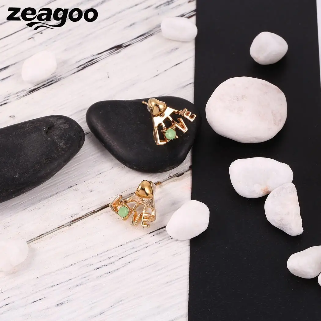 Женские серьги джекеты с надписью LOVE зеленые со стразами повседневные уличные