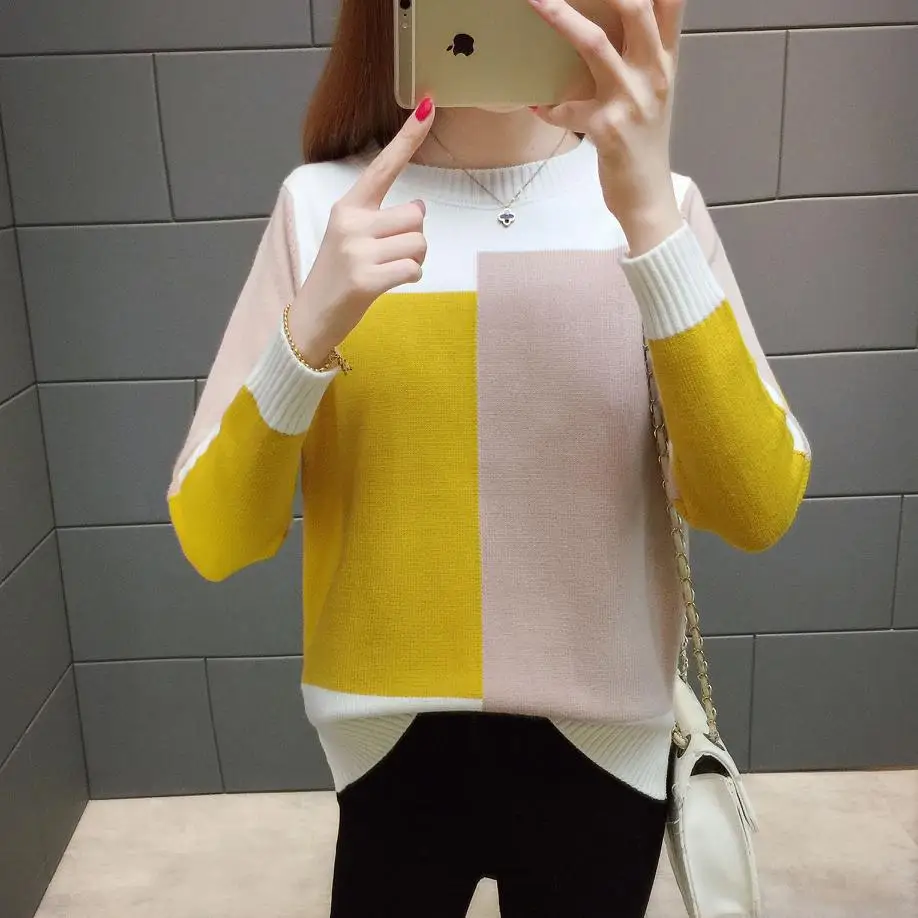 Пуловер женский оверсайз с круглым вырезом повседневный джемпер в клетку