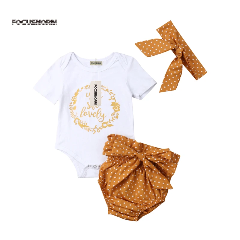 

Newborn Infant Kids Dot Bowknot Sunsuit Clothes Set Toddler Baby Girl Summer Outfits Clothes Top Romper Pants Headband 3Pcs Set