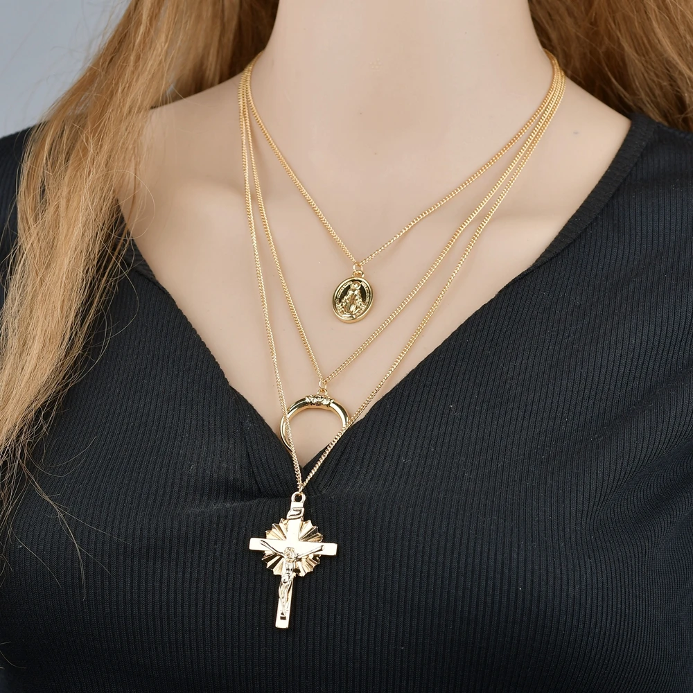 Gold Color Cross Rose Pendants Neckalces For Women Girls Multi Layer Flower Choker Necklace Long Beaded Chain Moon Chokers | Украшения и