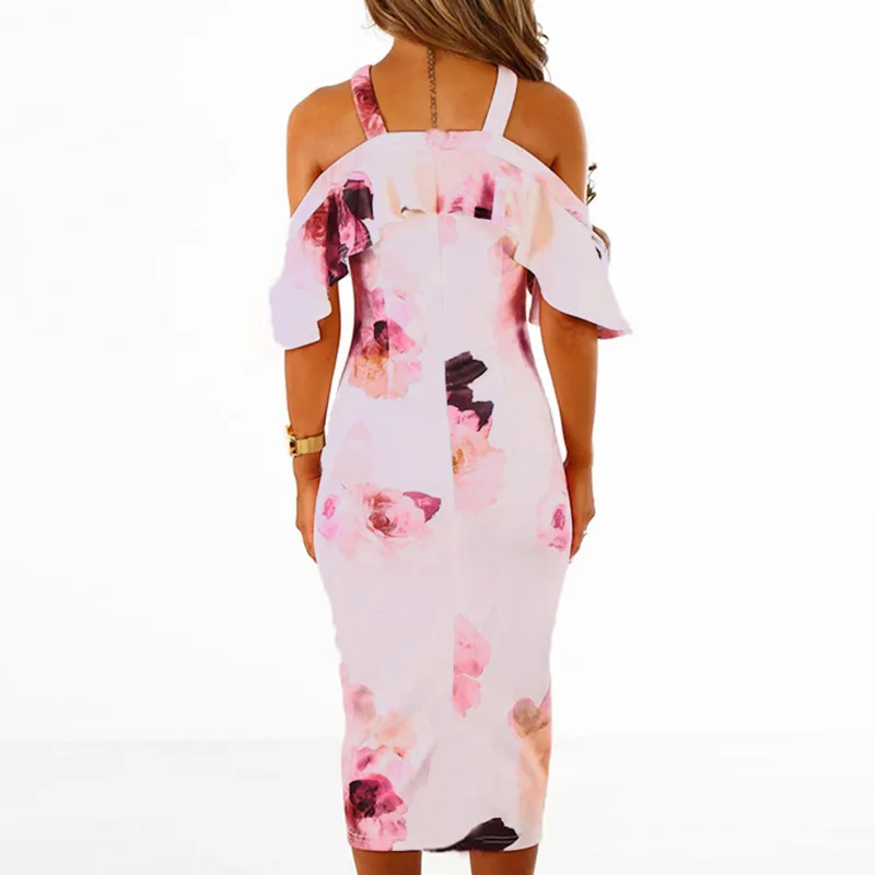 Пикантные для женщин Цветочный Bodycon платье Вечерние вечеринка с оборками Холтер